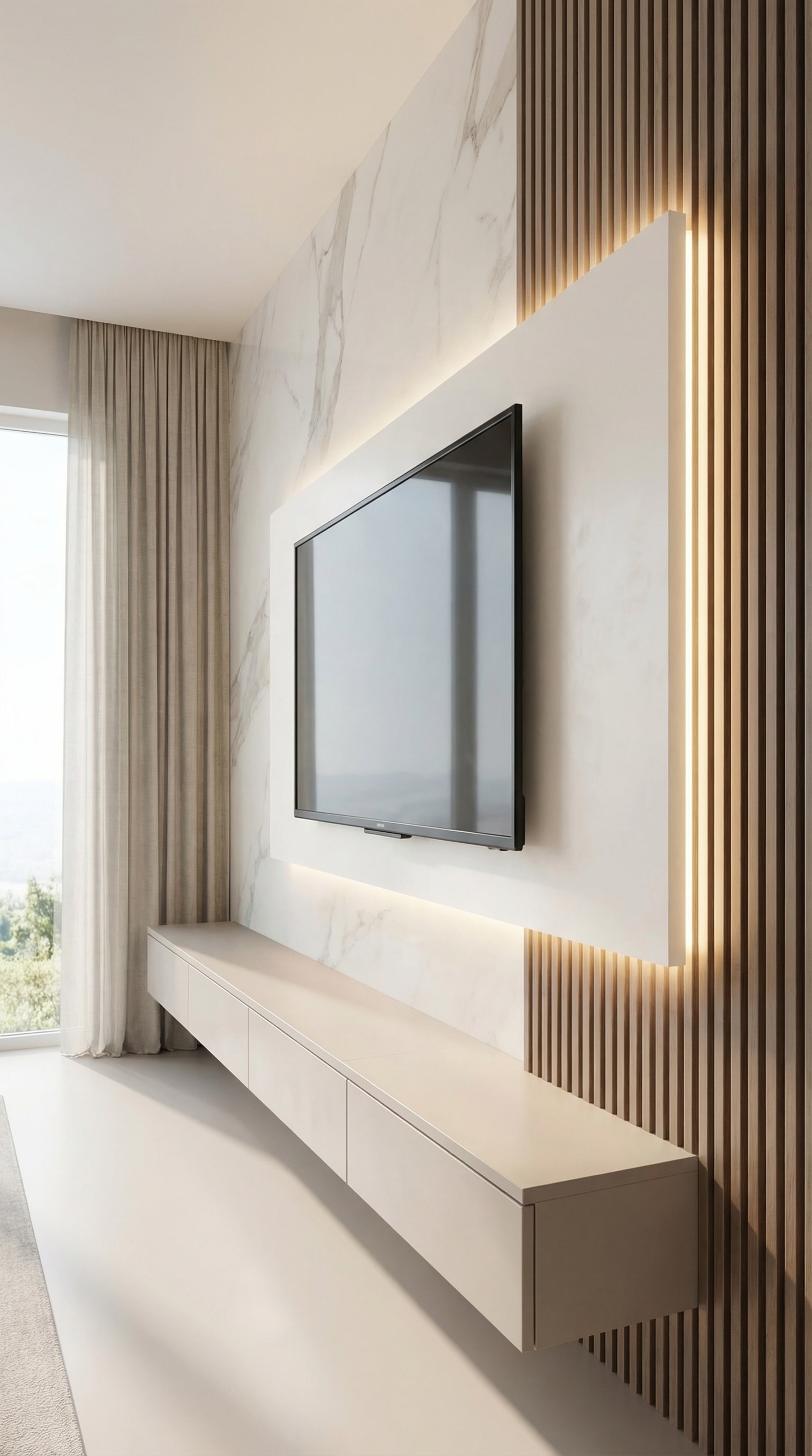 Un &eacute;l&eacute;gant panneau mural TV avec &eacute;clairage indirect