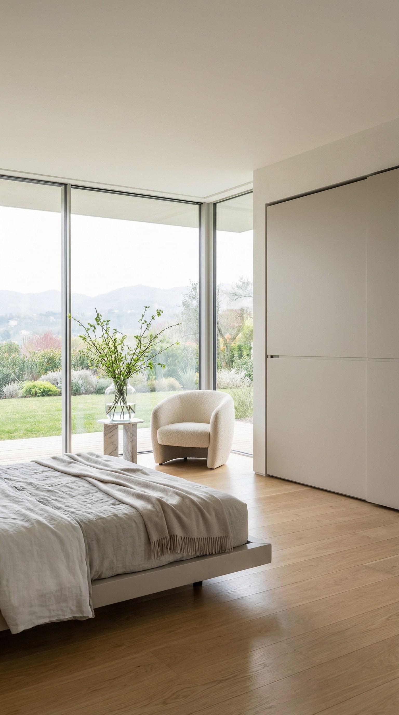 Chambre minimaliste avec l'armoire Novamobili Middle à portes coulissantes, dont la façade lisse crée une atmosphère sereine dans la pièce. Chambre minimaliste avec l'armoire Novamobili Middle à portes coulissantes, dont la façade lisse crée une atmosphère sereine dans la pièce.