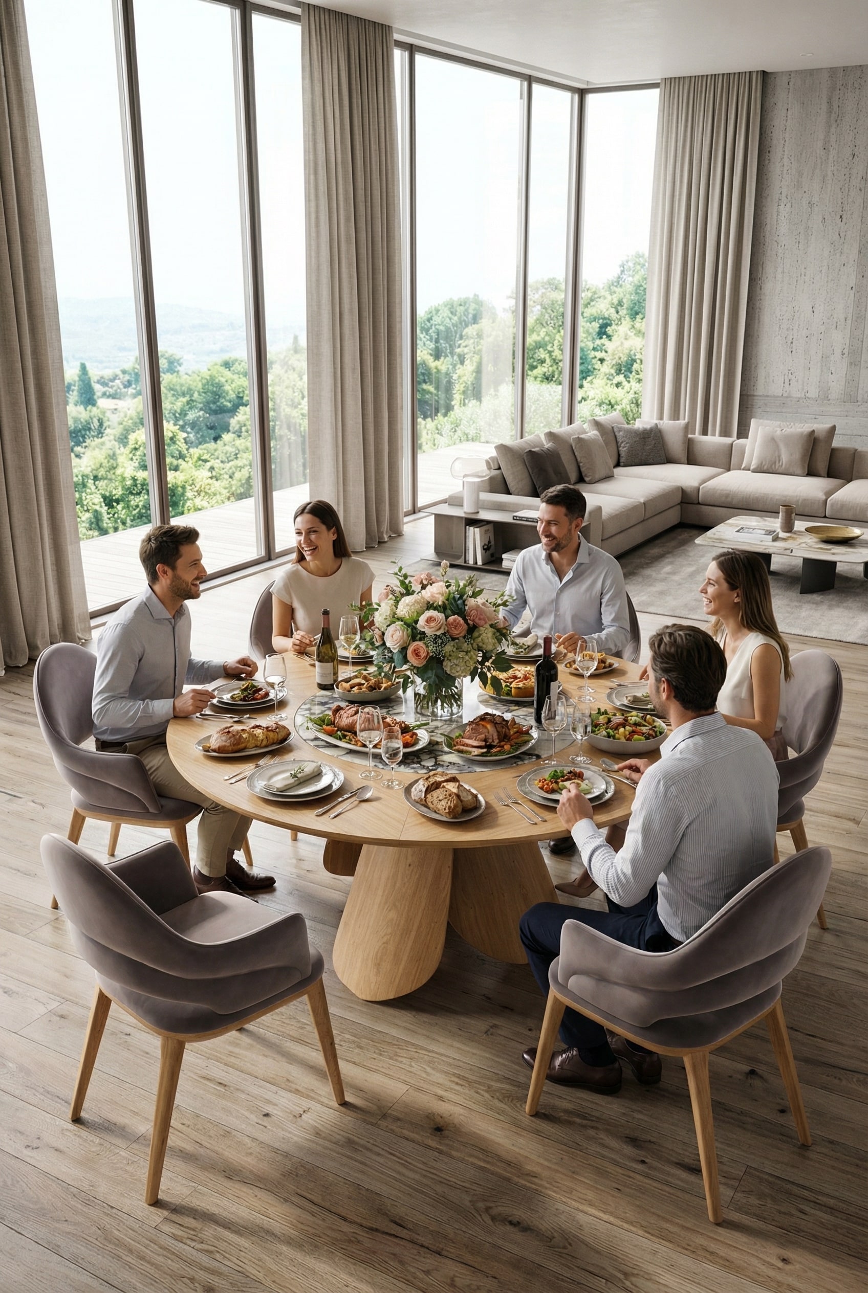 Table &agrave; manger ronde en bois Ozzio Veliero dans une salle &agrave; manger moderne