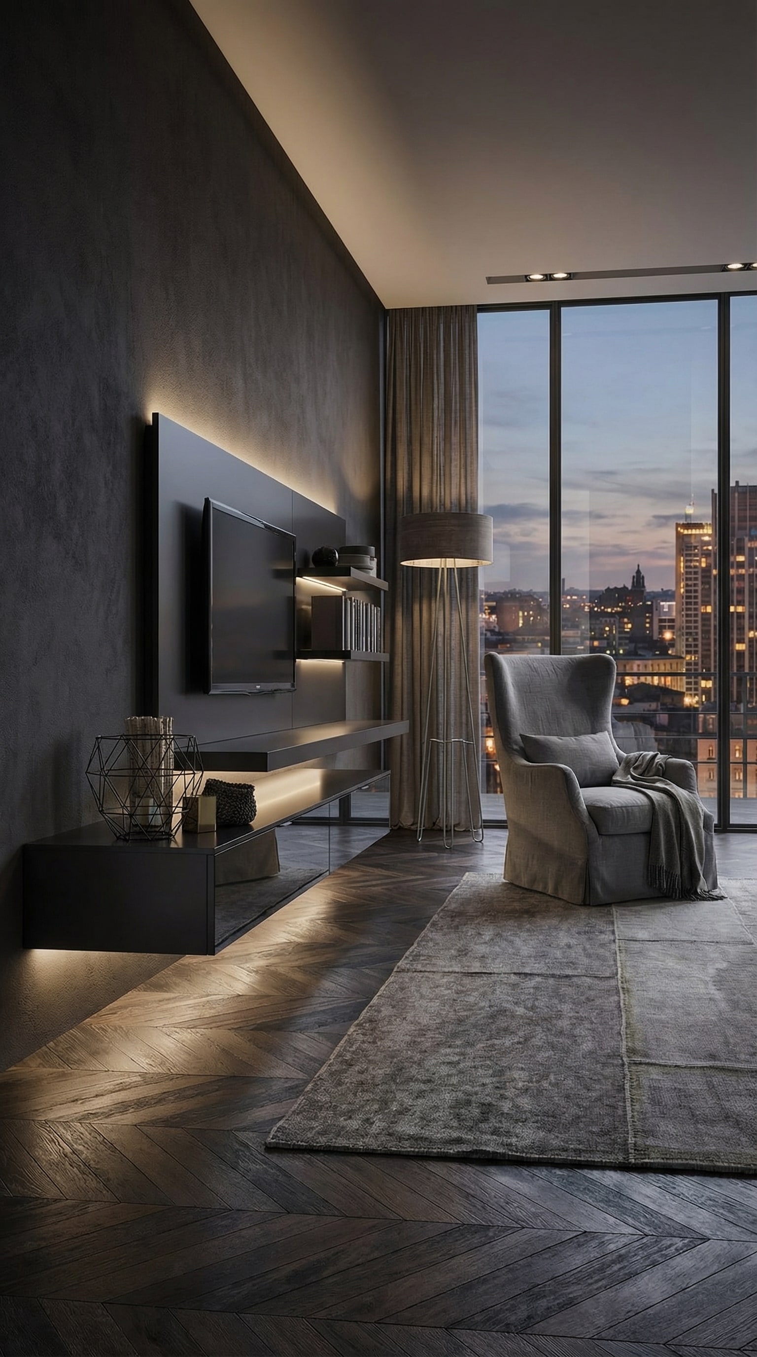 Livitalia Wohnwand C54 au design luxe sombre avec des surfaces noires miroitantes et mates