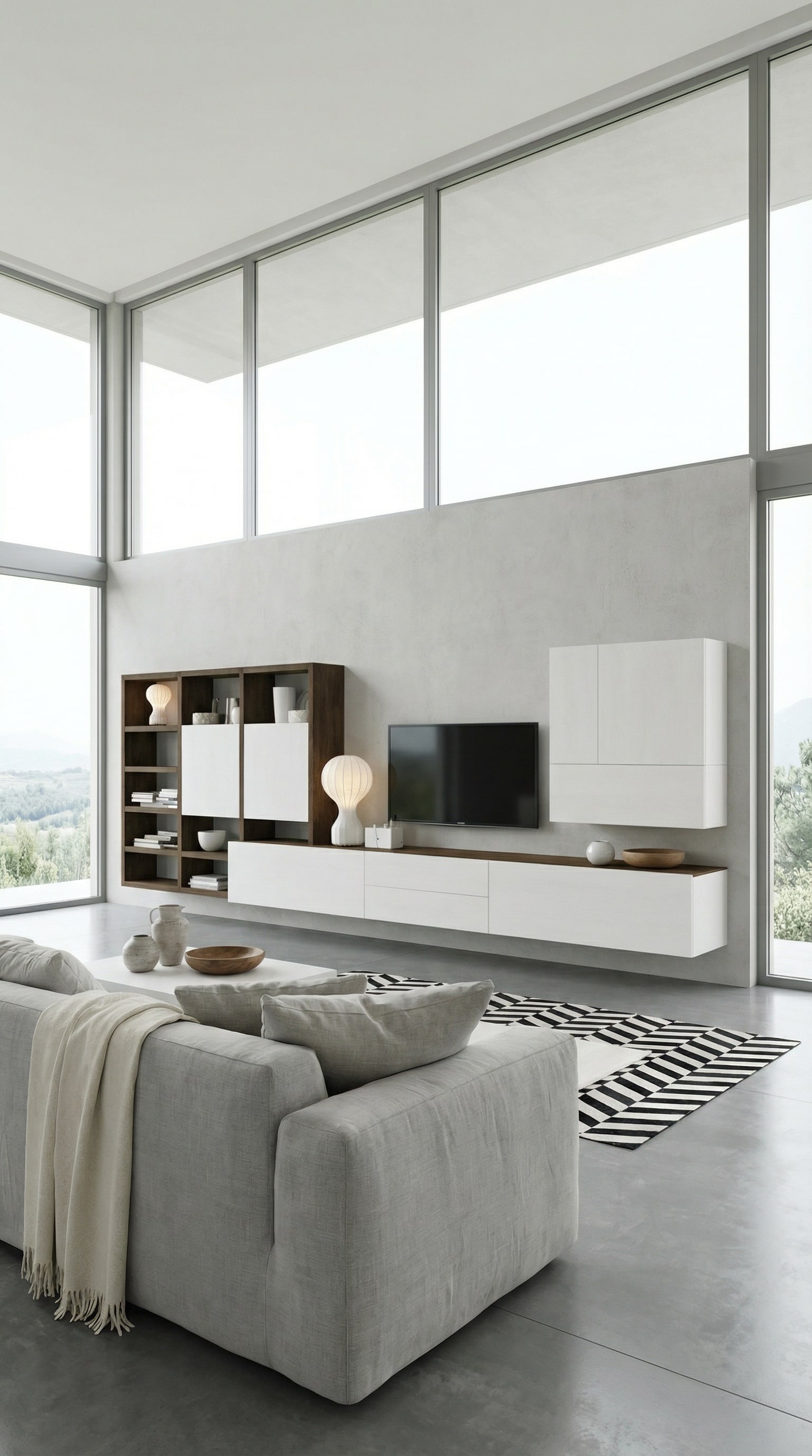 Mur TV moderne blanc style maison de campagne avec éléments en bois clair Mur TV moderne blanc style maison de campagne avec éléments en bois clair