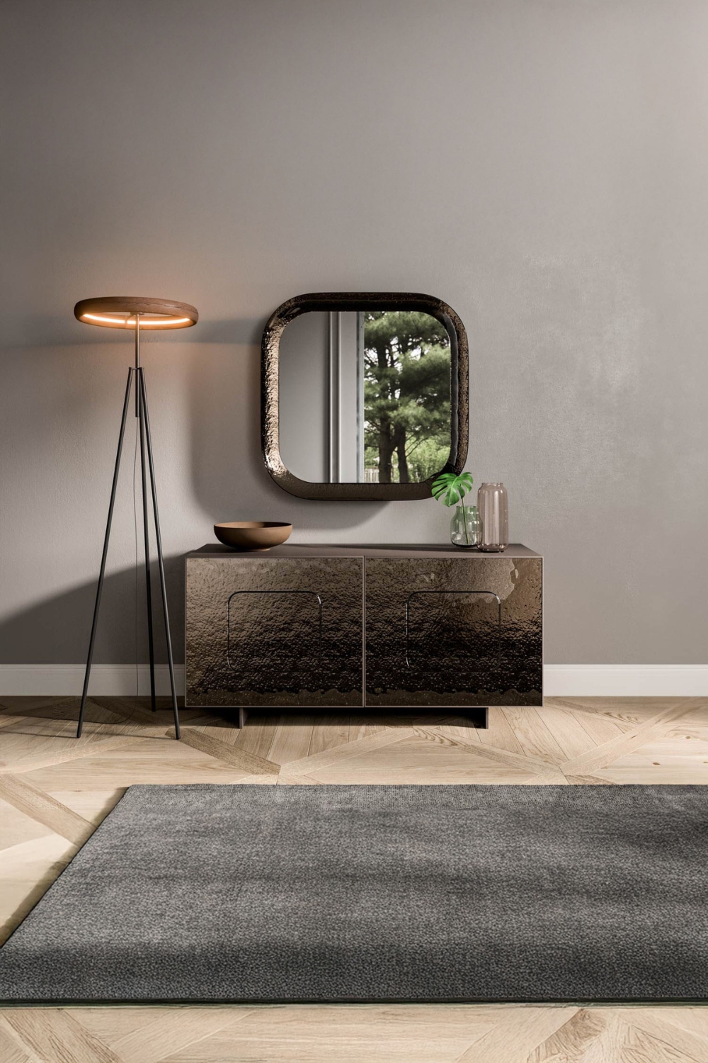 Buffet d'entrée, miroir et lampe à l'allure extravagante