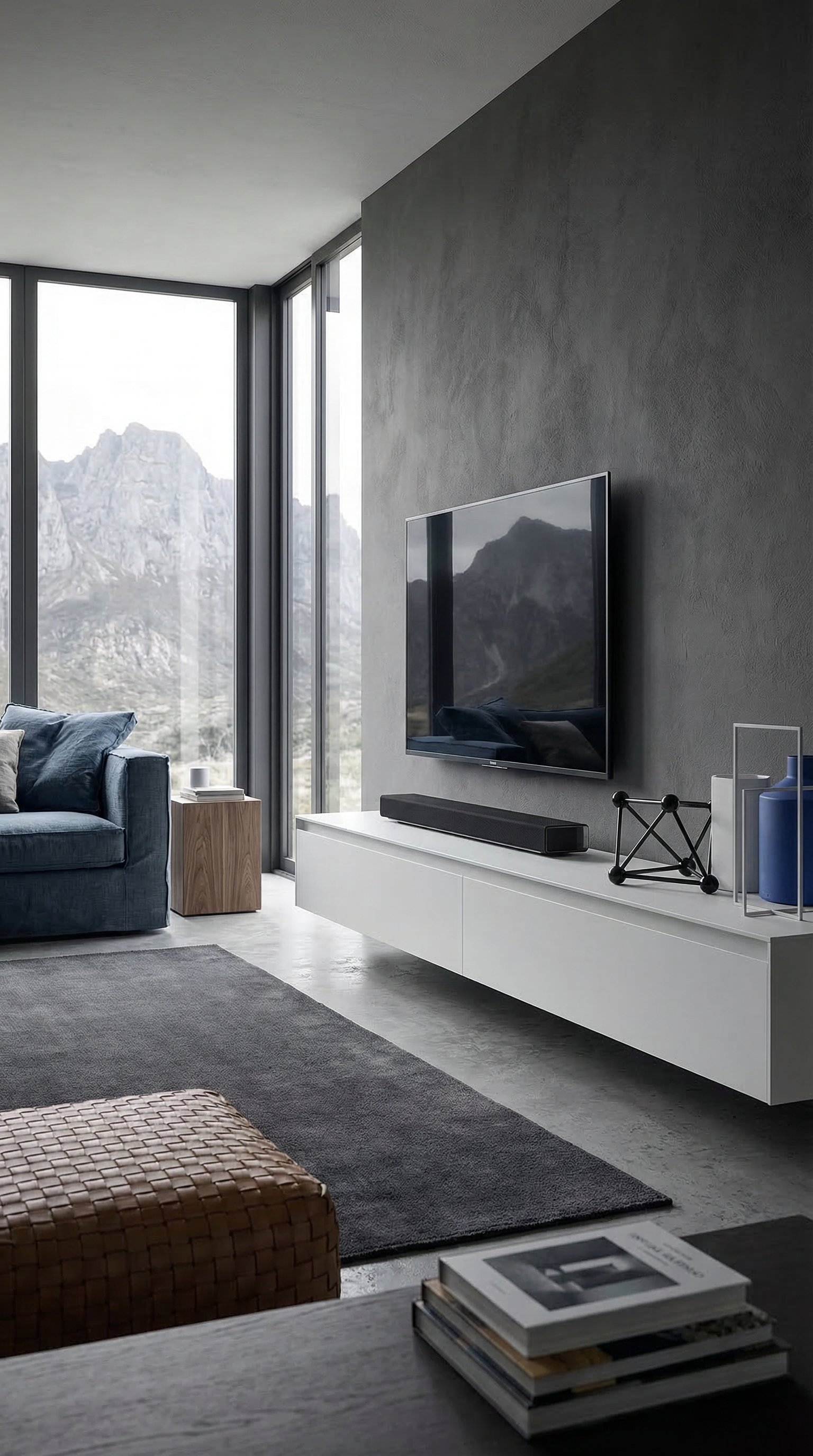Un meuble bas design blanc mat, très long, dans un salon moderne avec un mur gris et des accents bleus. Un meuble bas design blanc mat, très long, dans un salon moderne avec un mur gris et des accents bleus.