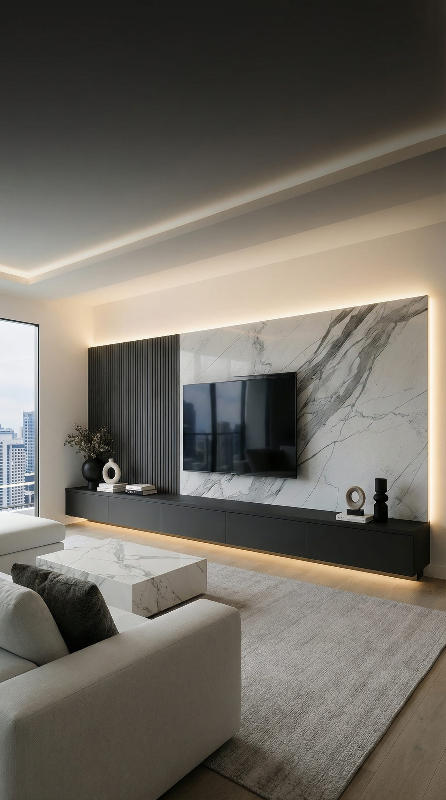 Mur TV luxueux avec panneau en marbre et lattes acoustiques Mur TV luxueux avec panneau en marbre et lattes acoustiques