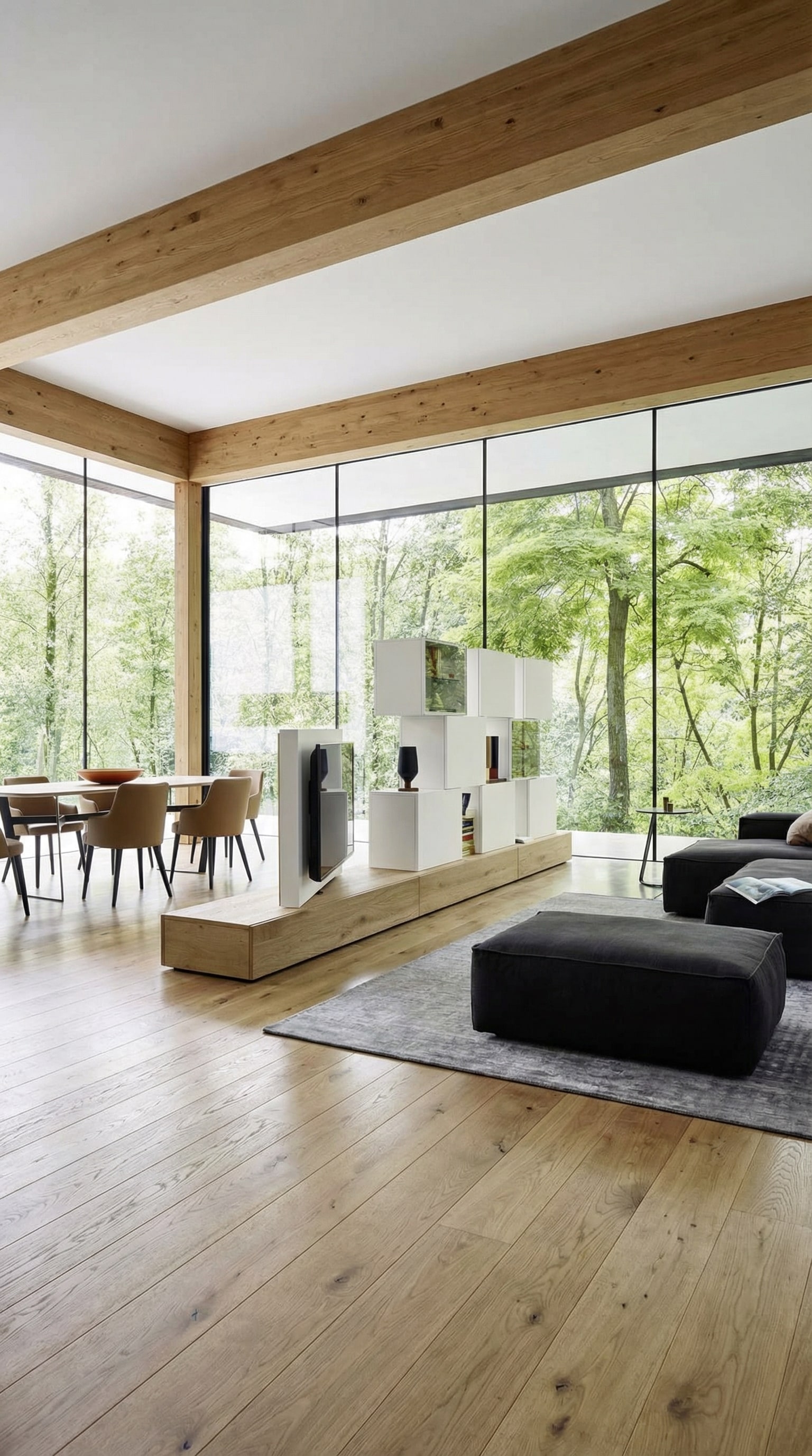 Meuble TV moderne autoportant comme séparateur de pièce dans un espace de vie ouvert Meuble TV moderne autoportant comme séparateur de pièce dans un espace de vie ouvert