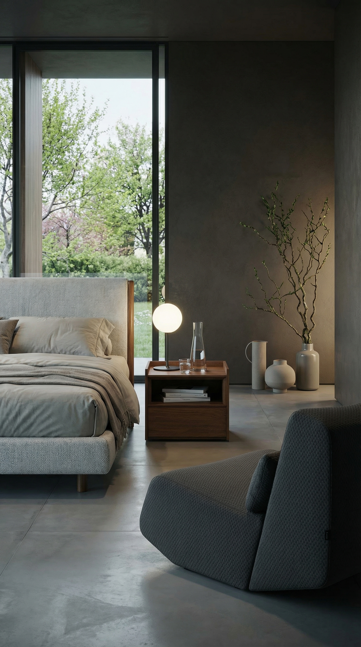 Table de chevet Novamobili Sly en bois fonc&eacute; devant un mur mat dans une chambre Quiet Luxury