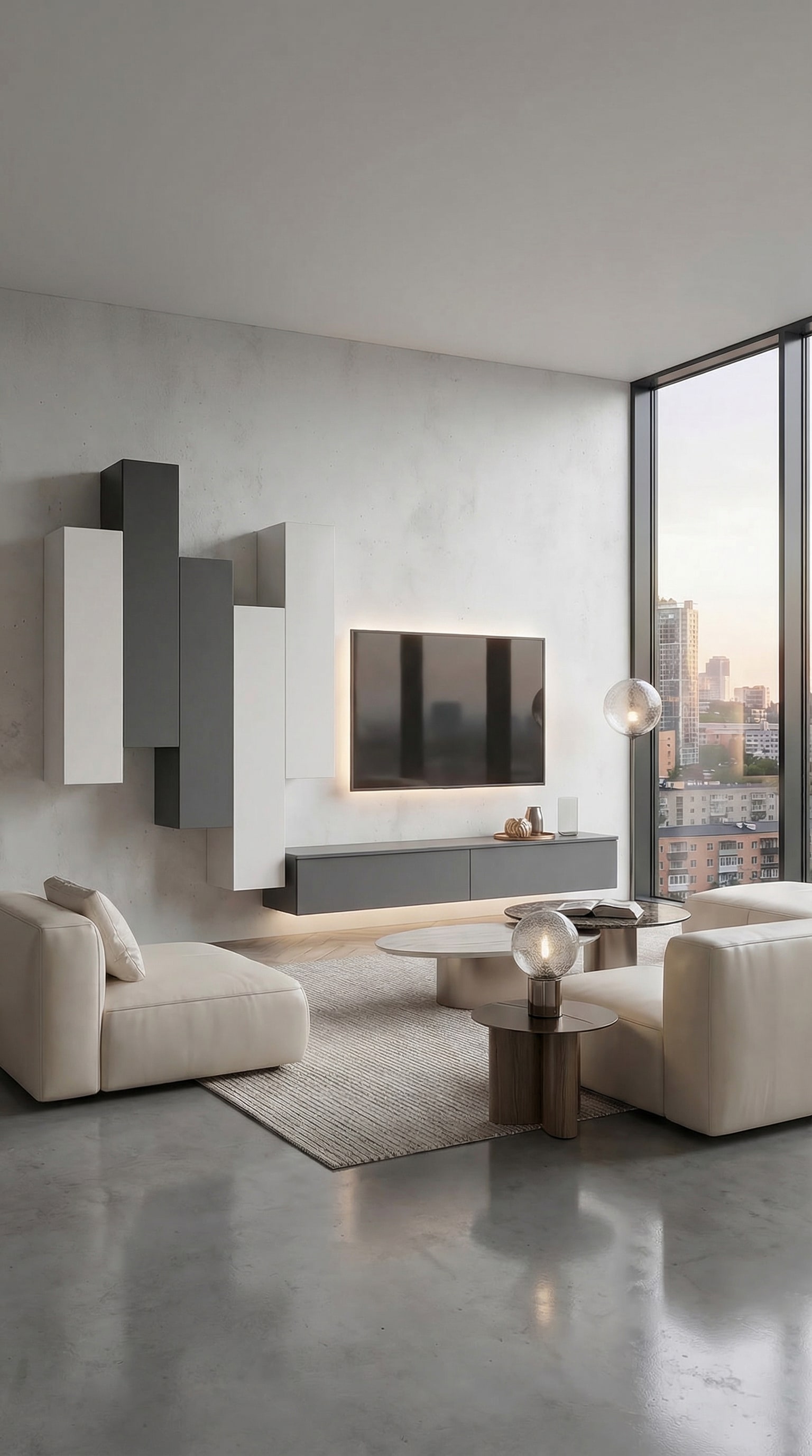 Livitalia Wohnwand C105 agencée de manière asymétrique avec une géométrie dynamique sur un mur moderne Livitalia Wohnwand C105 agencée de manière asymétrique avec une géométrie dynamique sur un mur moderne
