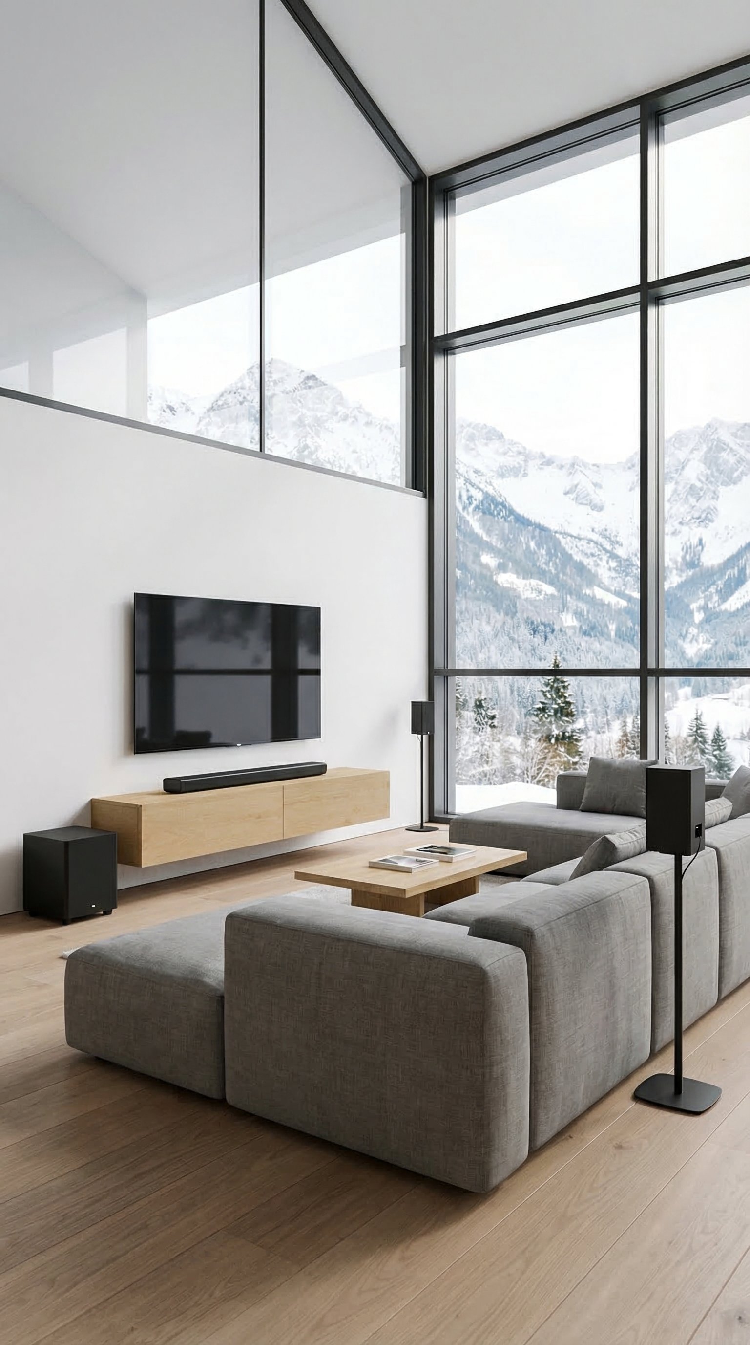 Un meuble TV bas flottant en placage de ch&ecirc;ne v&eacute;ritable devant un mur blanc, combin&eacute; &agrave; un t&eacute;l&eacute;viseur moderne.