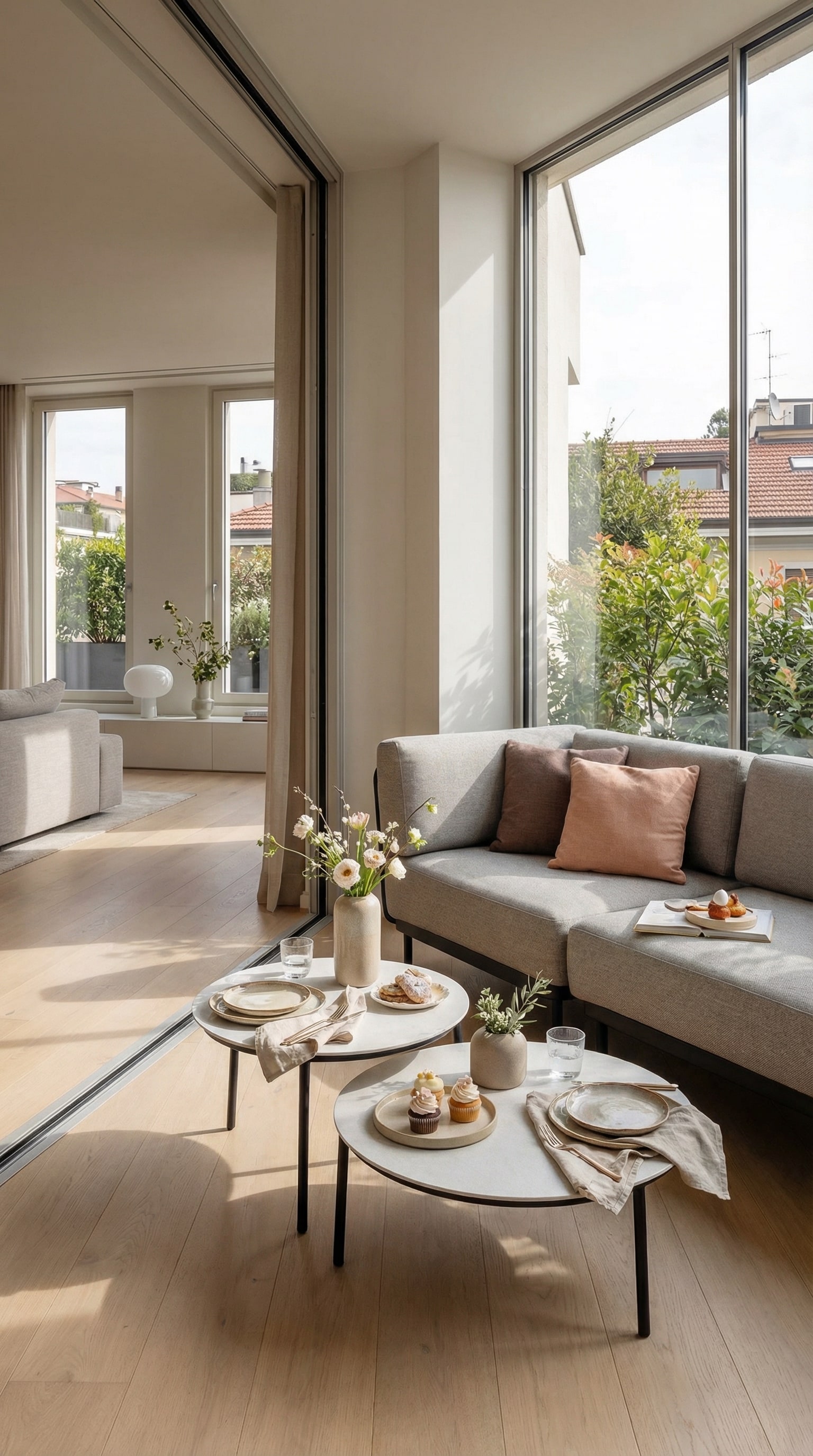 Table d'appoint d'extérieur délicate sur un balcon urbain avec de grandes fenêtres Table d'appoint d'extérieur délicate sur un balcon urbain avec de grandes fenêtres