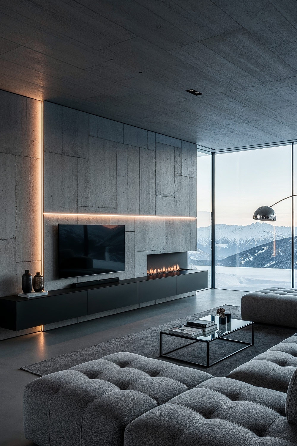 salon aménagé de manière minimaliste et confortable avec lowboard noir et canapé gris capitonné