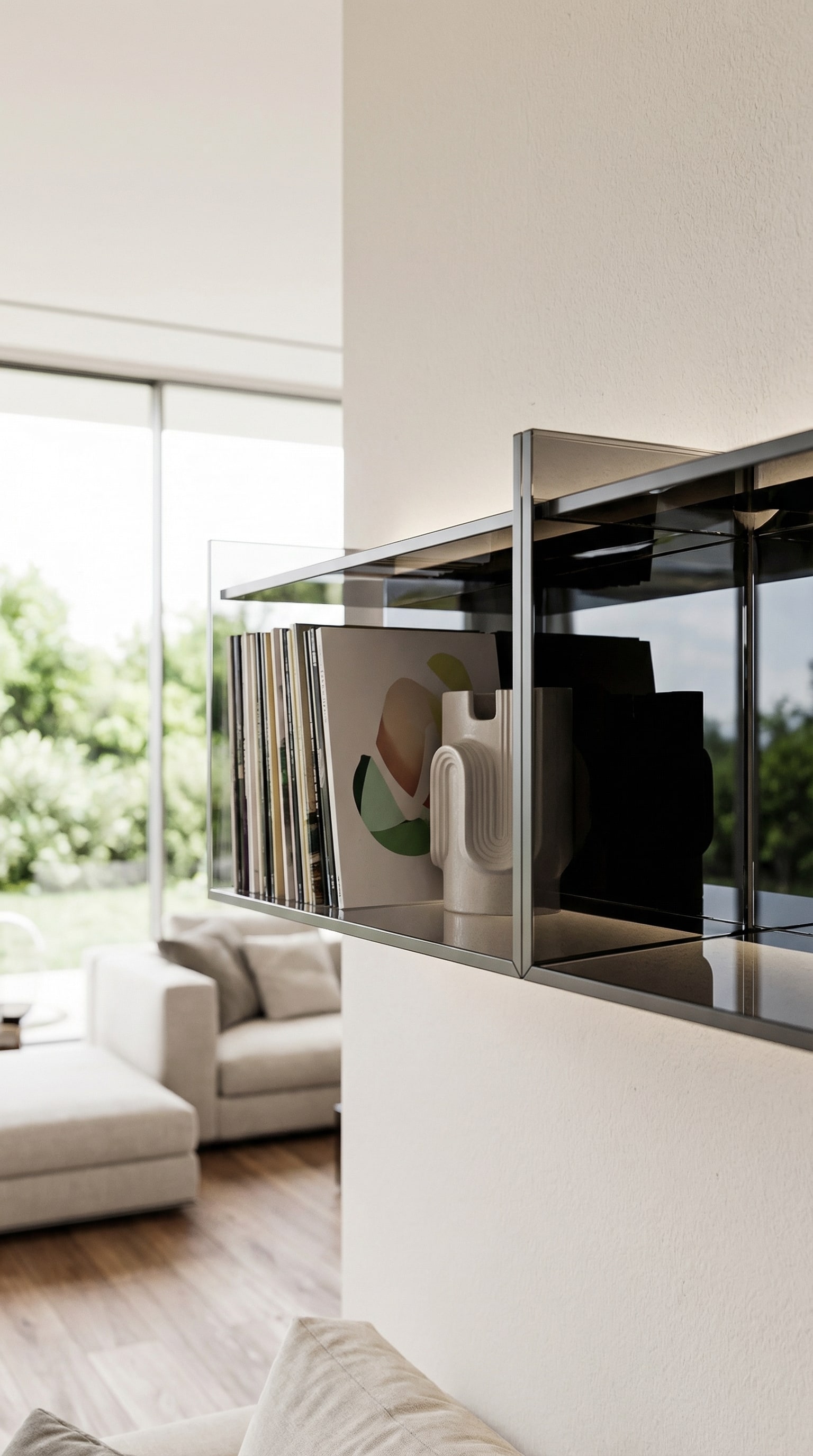 Étagère murale élégante en verre dans un salon baigné de soleil Étagère murale élégante en verre dans un salon baigné de soleil