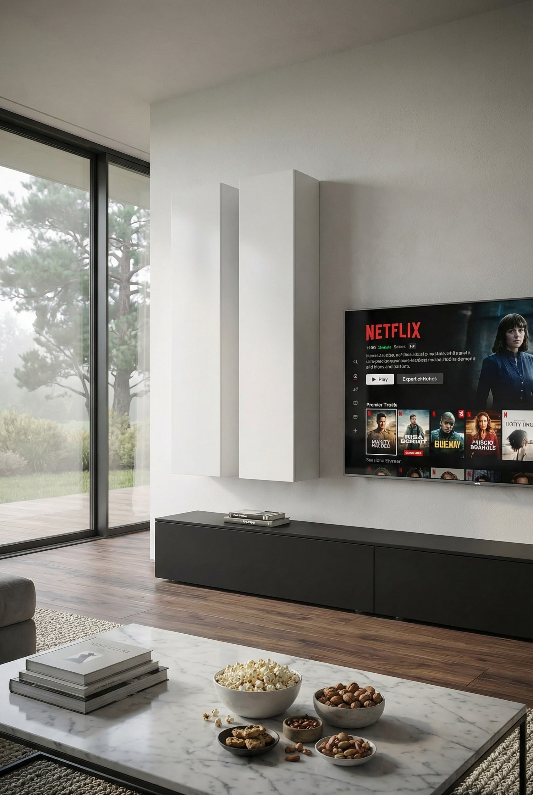 Meuble TV minimaliste avec beaucoup d'espace n&eacute;gatif sur le mur