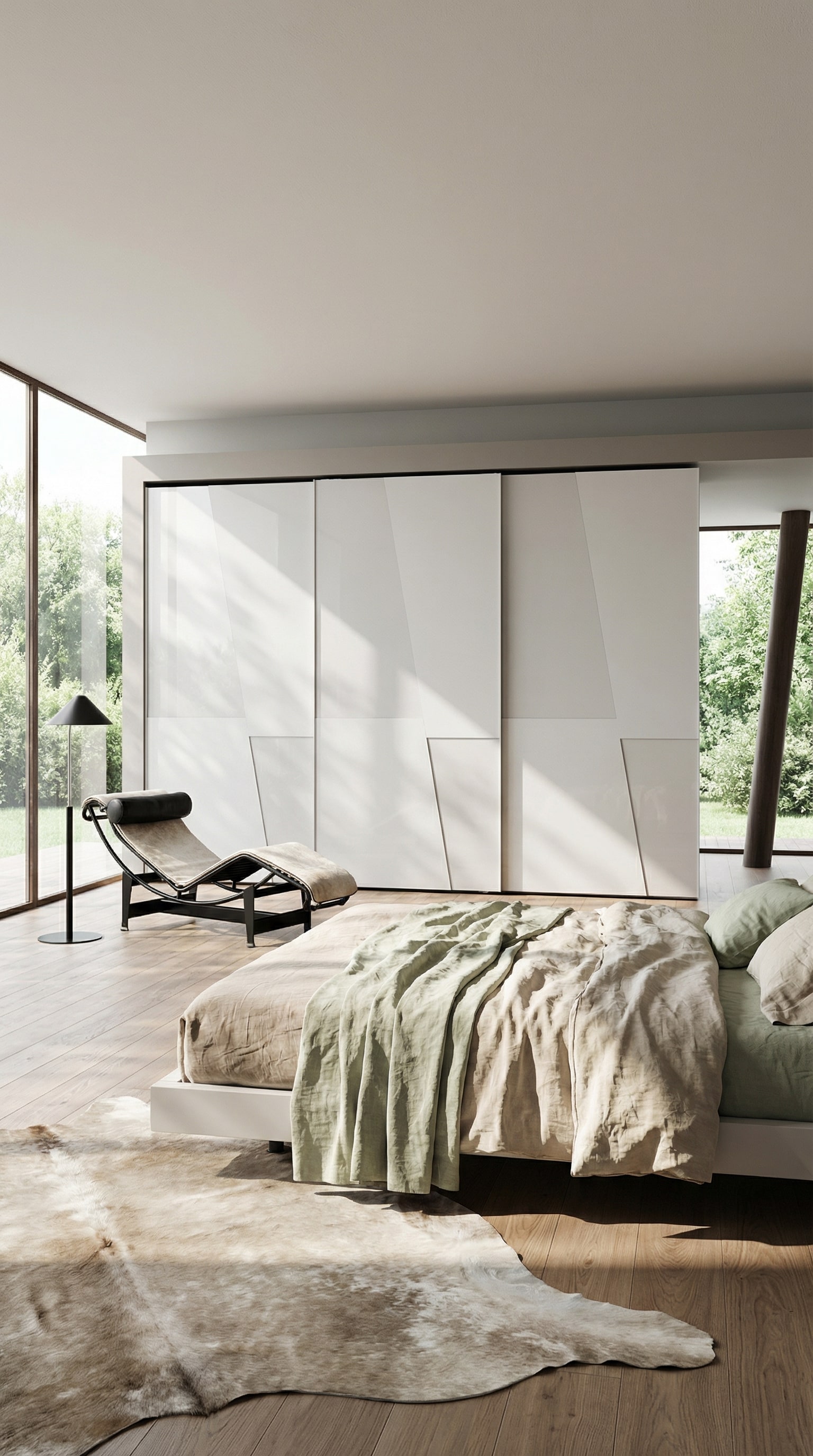 Chambre moderne au printemps avec l'armoire Livitalia Diagonal à portes coulissantes, dont les lignes diagonales allègent le design. Chambre moderne au printemps avec l'armoire Livitalia Diagonal à portes coulissantes, dont les lignes diagonales allègent le design.