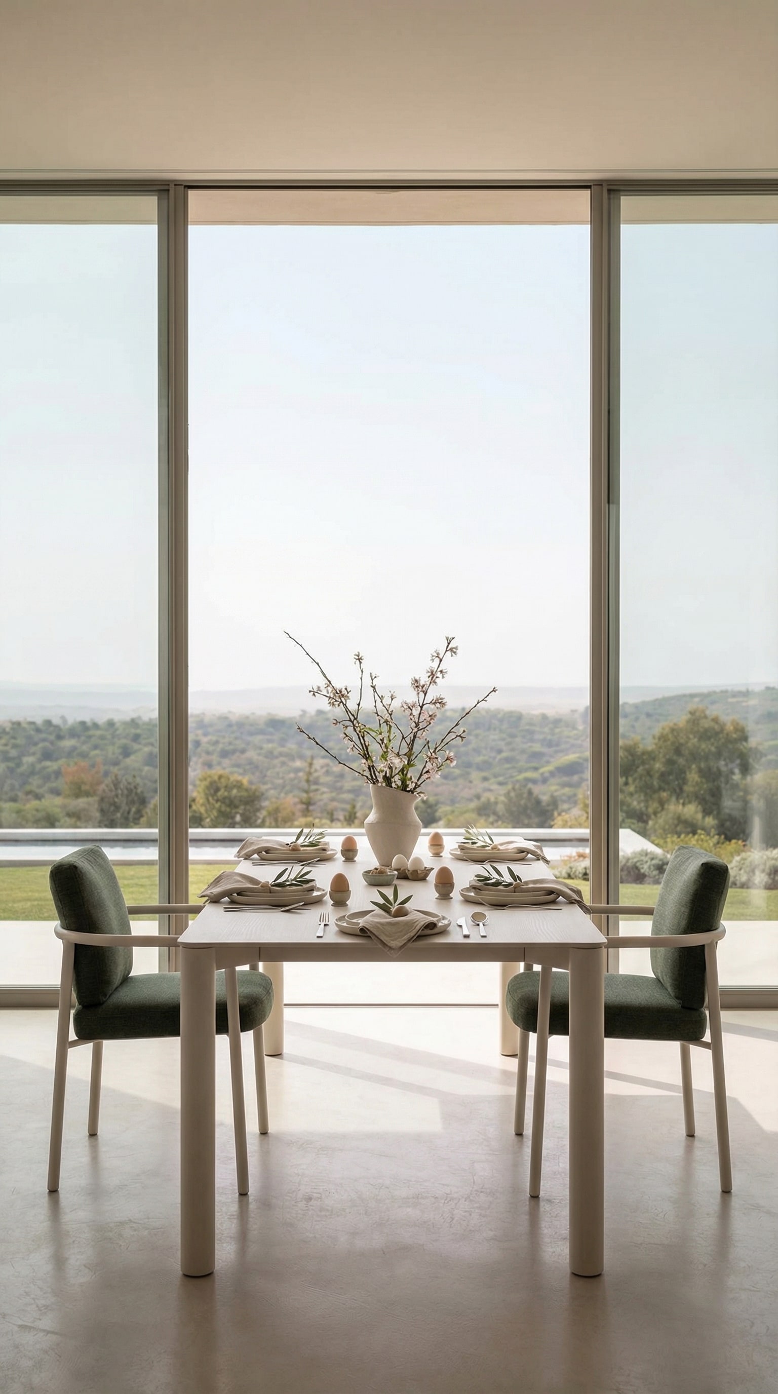 Table à manger d'extérieur classique et minimaliste dans un aménagement de terrasse symétrique Table à manger d'extérieur classique et minimaliste dans un aménagement de terrasse symétrique
