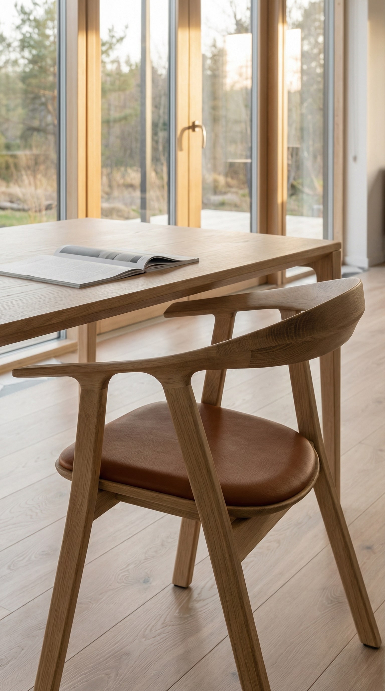 Chaise en bois massif de haute qualit&eacute; avec rembourrage en cuir marron &agrave; une table en bois clair