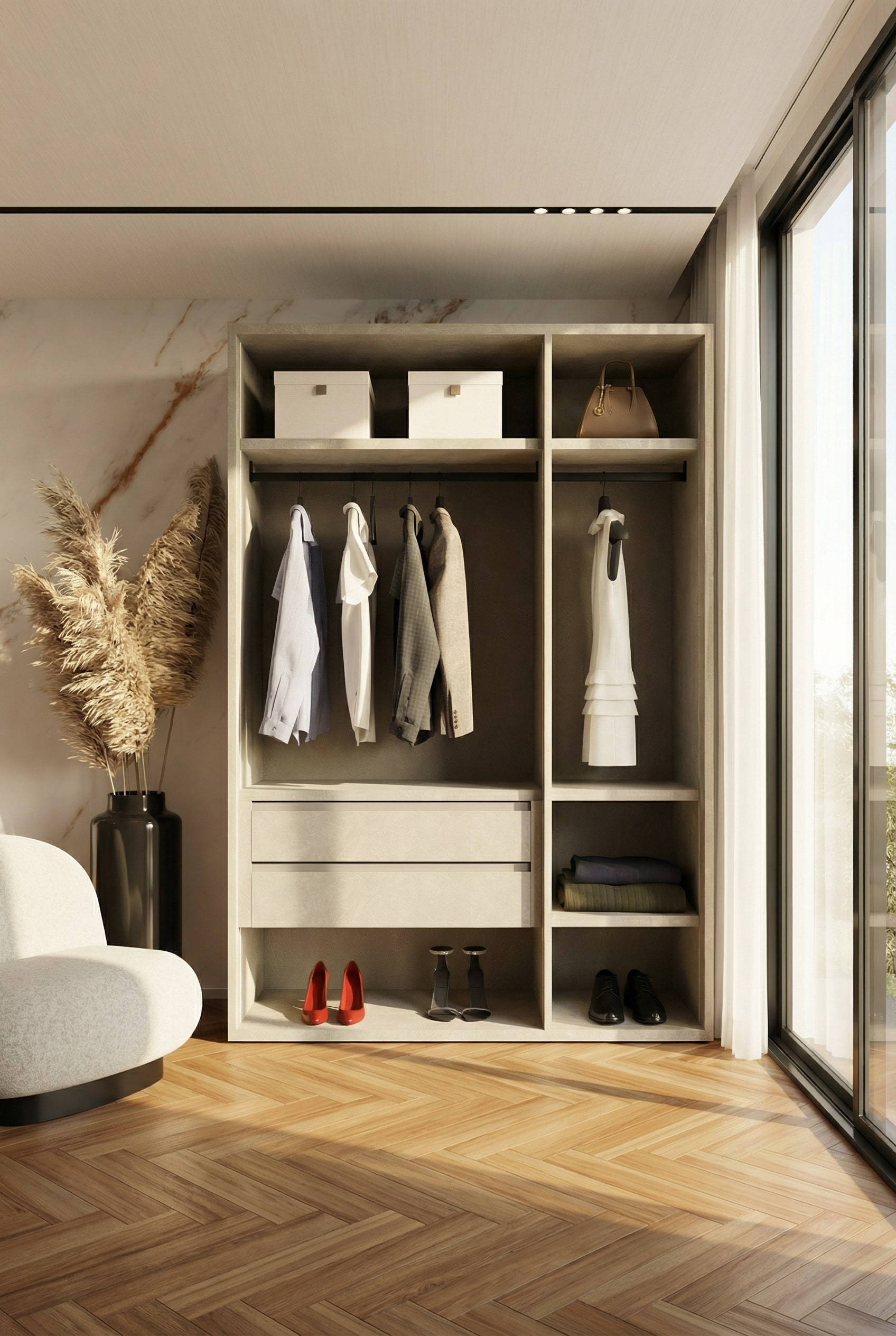 Syst&egrave;me d'armoire ouverte dans une chambre moderne sans portes