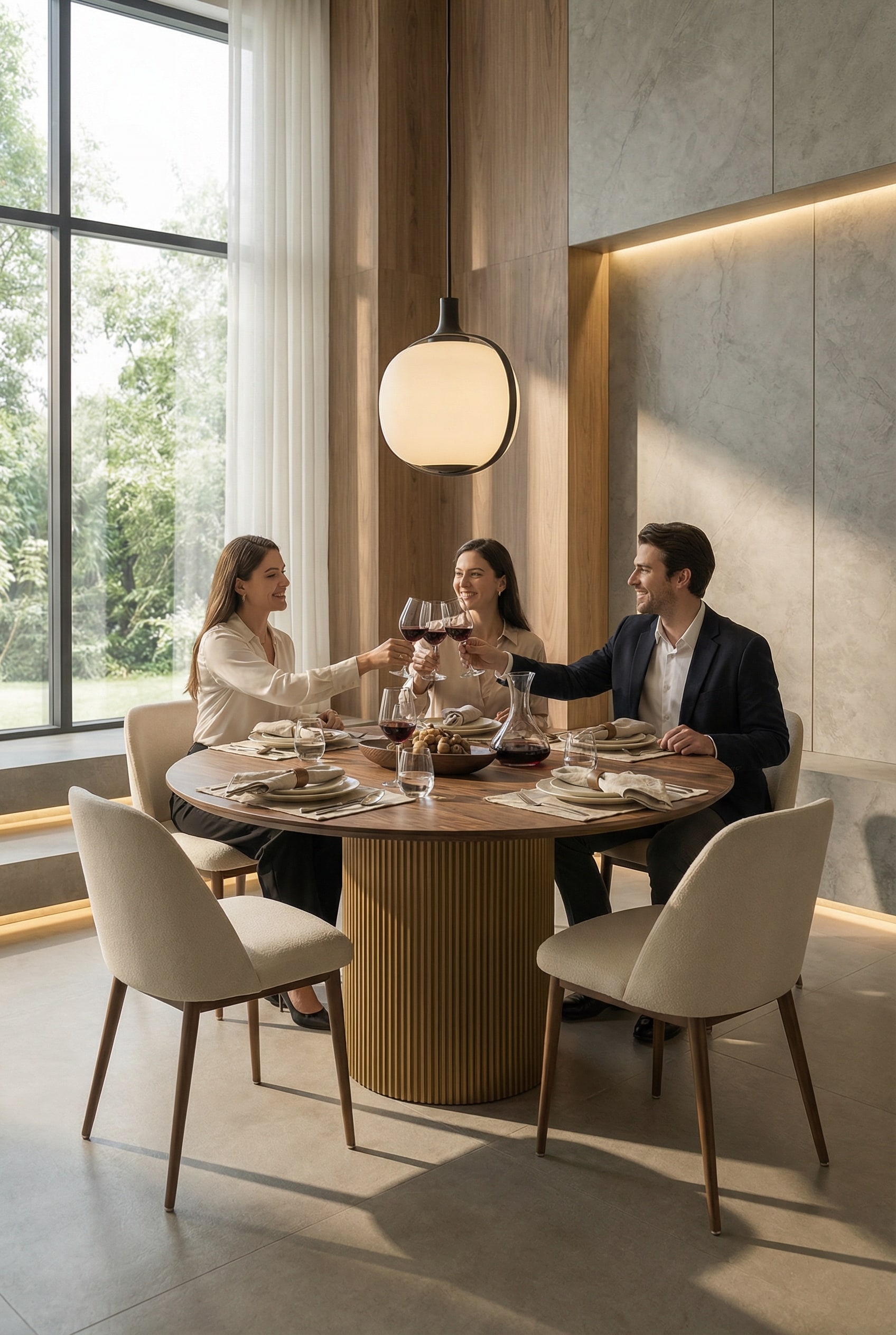 Table &agrave; manger ronde al2 dakry br 001 avec pi&egrave;tement cannel&eacute; distinctif