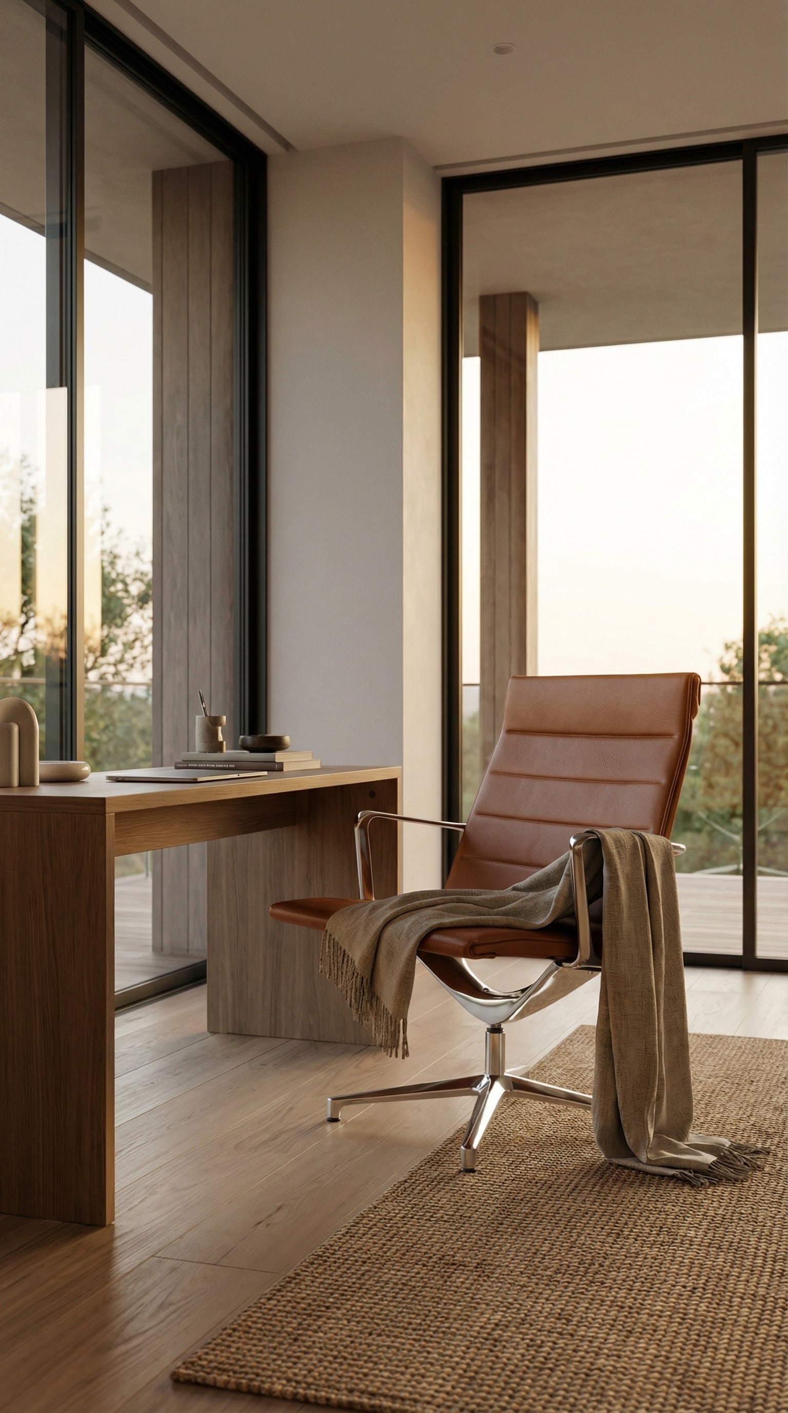 Un espace de bureau &agrave; domicile &eacute;l&eacute;gant dans le salon avec une chaise de bureau lounge de haute qualit&eacute; en cuir cognac, plac&eacute;e devant un bureau styl&eacute; en bois massif.
