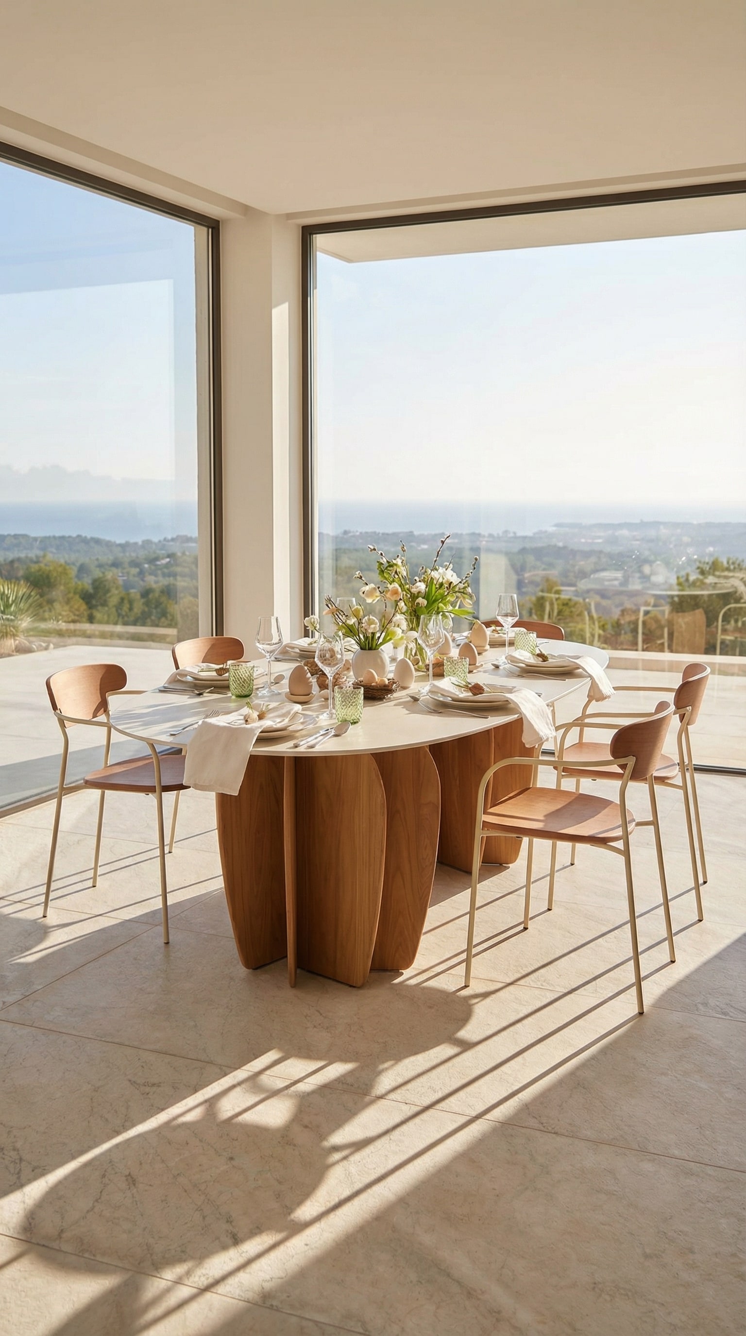 Table à manger d'extérieur architecturale sur une élégante terrasse en pierre avec une vue dégagée Table à manger d'extérieur architecturale sur une élégante terrasse en pierre avec une vue dégagée